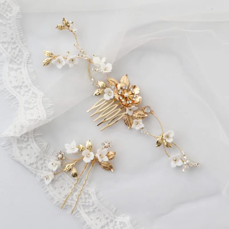 Нежный фарфор цветок свадебные волосы гребень Шпильки Золотой лист женский