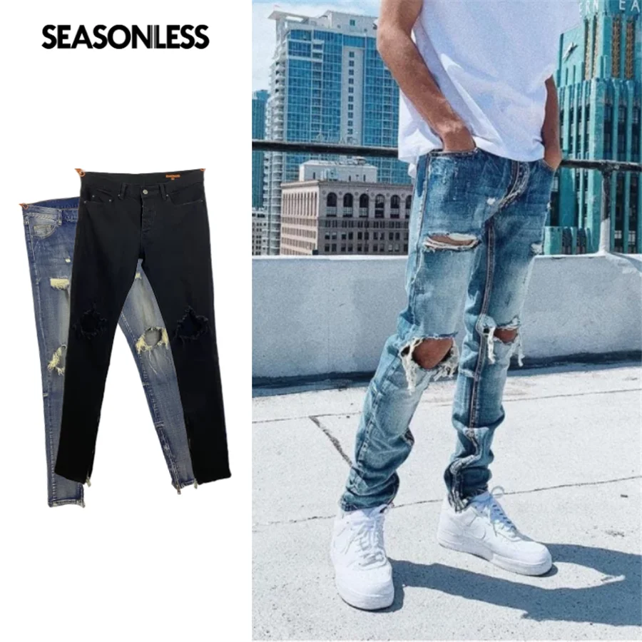 SEASONLESS Authentics Male Washed Stretch Destroyed Jeans For Men Clothing Zipper At Inseam Slim Fit Skinny 5-Pocket Cotton