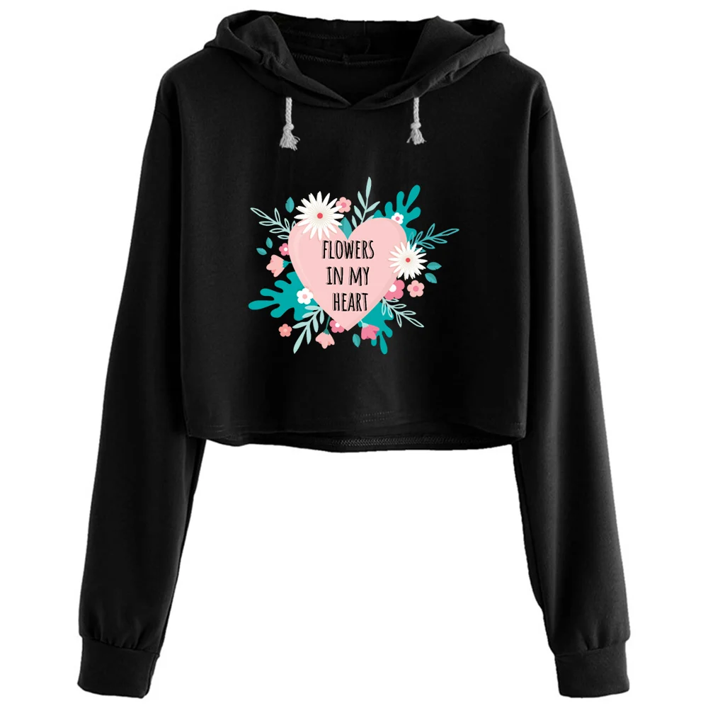 

Flowers In My Heart Flower And Garden Crop Hoodies Women Aesthetic Kpop Korean Y2k Pullover For Girls