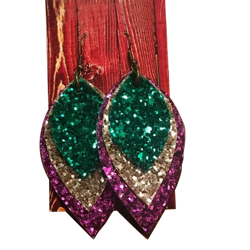 Сверкающие Многослойные серьги из искусственной кожи с листьями серьги-капельки