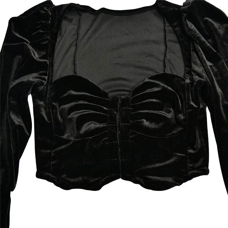 

2020 Women ladies Elegant Velvet tops Fashion long sleeve Lace-up Solid Square Neck Bustier Top Streetwear Club T Shirt Fall