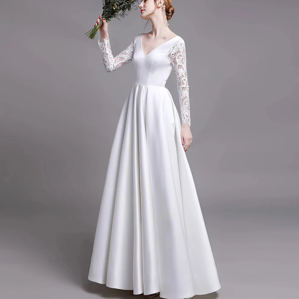 

Lace Deep V-Neck Sexy Long Sleeve Satin Floor Length A-Line Backless Wedding Gown Wedding Dress Bride robe de mariée