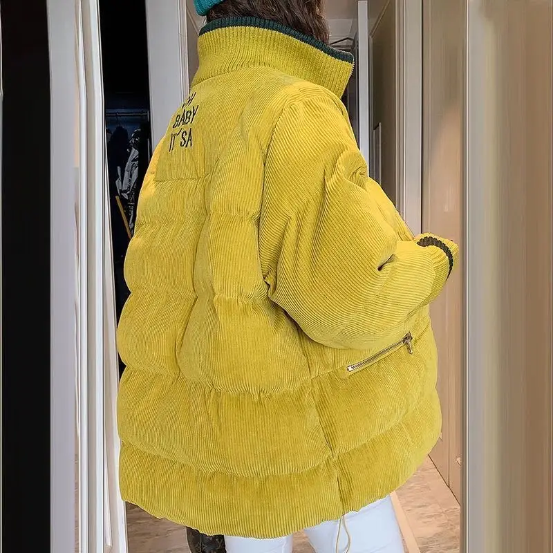 

2021 Winter Fashion New Style Short Zipper Stand-Up Collar Long Sleeves Thick Corduroy Bread Style Warm Cotton Coat Jacket Women