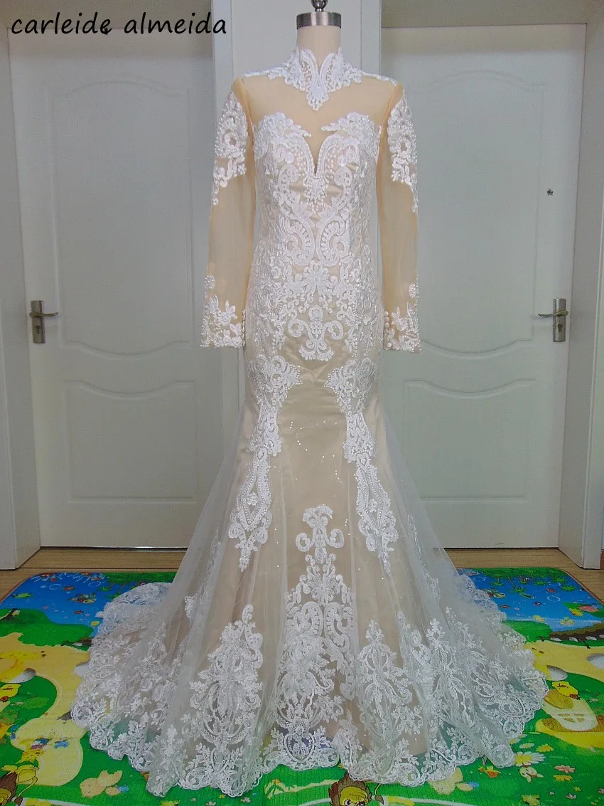 Vestido de noiva, свадебное платье с длинным рукавом, Русалка,, высокая горловина, Кружевная аппликация, Trouwjurk
