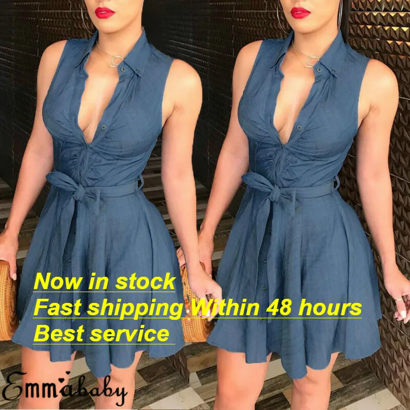 Женское джинсовое платье без рукавов с глубоким v образным вырезом летнее синее
