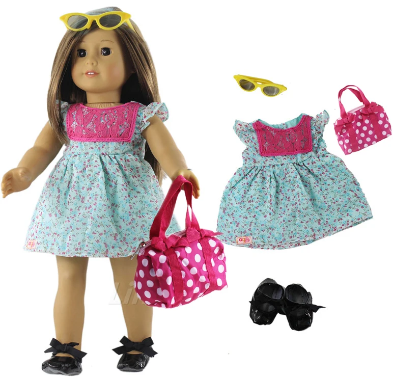 

4 PCS Set Doll Clothes Outfit Dress+bag+glasses+one pairs shoes for 18 inch American Doll a07