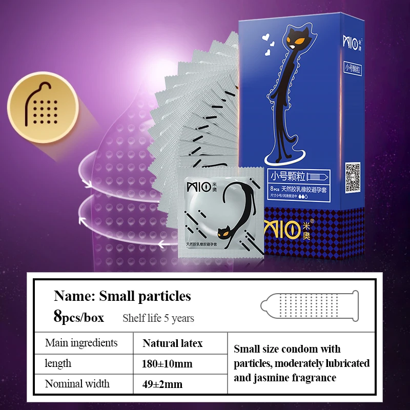 MIO Smooth Particle Condom 3D Delay Lubricant Natural Latex Ice Fire Stimulation Penis Sleeve Small Size fancy Safe Sex |