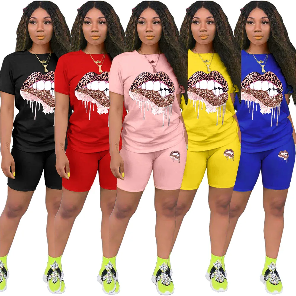 

Tracksuit Women Sets Two Piece Summer Outfits New Arrival 2020 Mouth Print Short Sleeve Top Sport 2 Piece Biker Matching Set