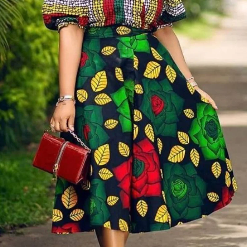 

Summer Midi Skirts Women Vintage Floral Printed Umbrella Skirt Elastic High Waist Big Size Clothes for Birthday Date Night 2022