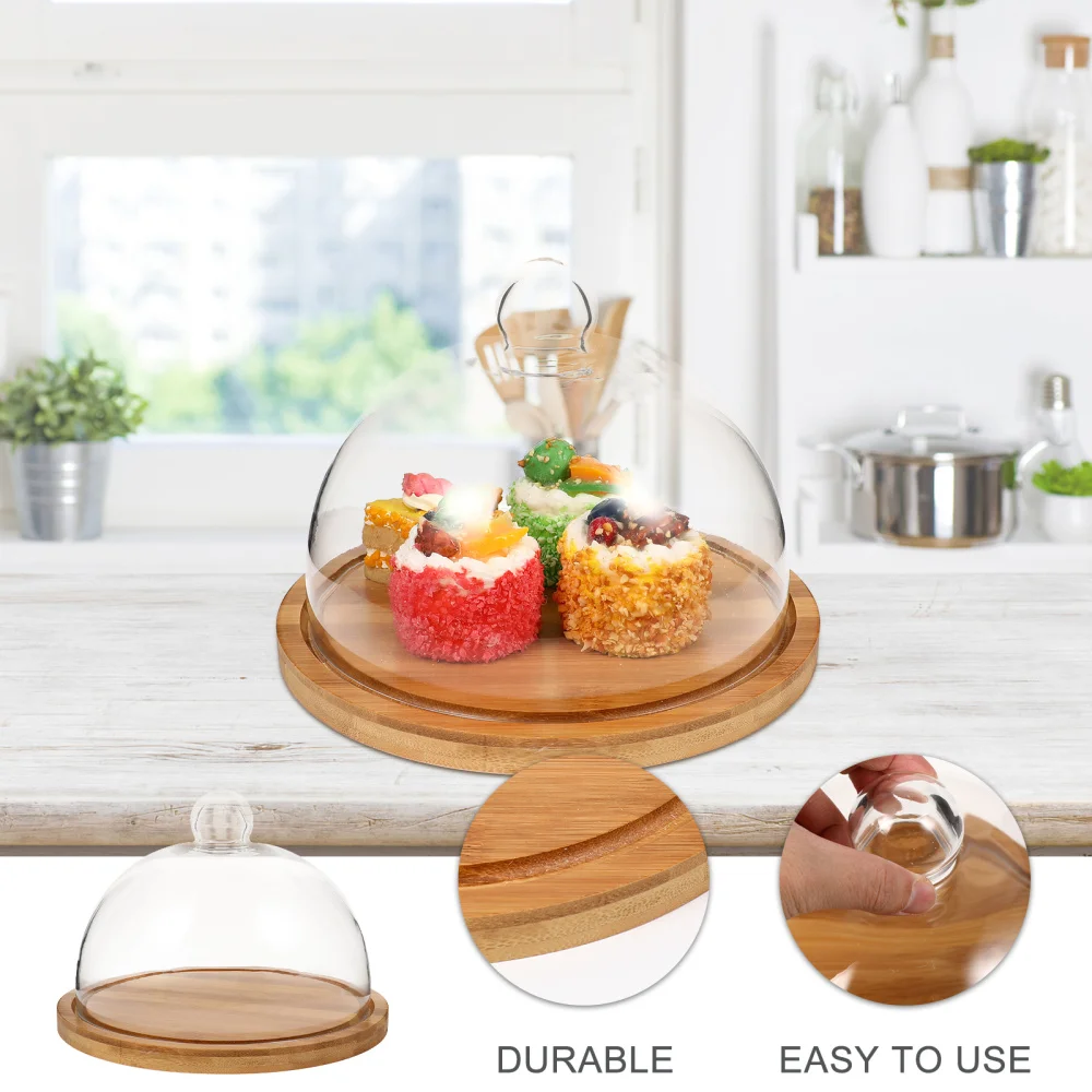 

1 Set Glass Dome Cover with Wood Plate Glass Cake Cover Food Cover
