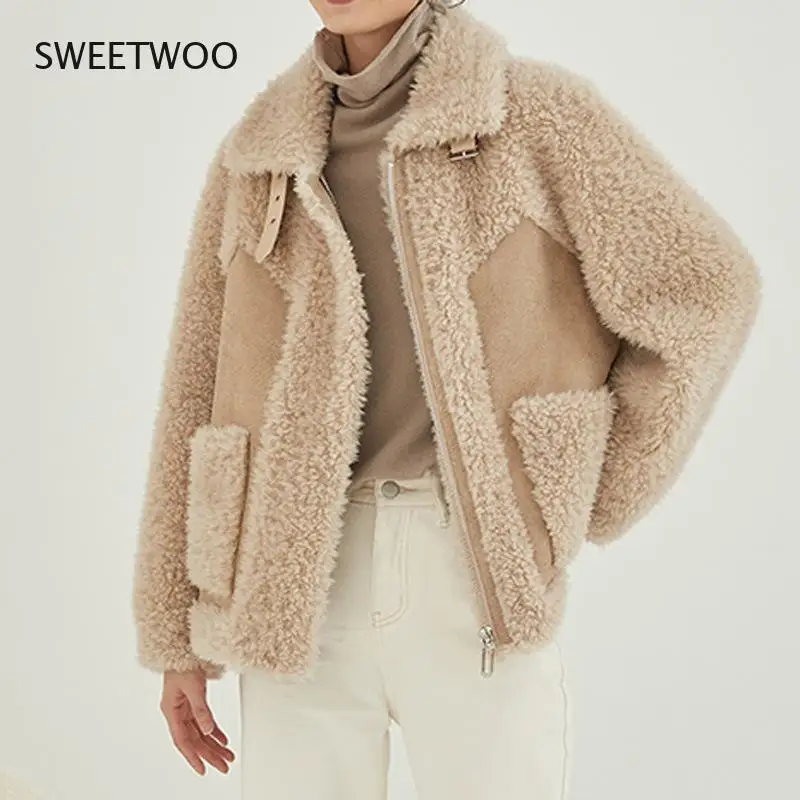 Solid Color Sheep Shearling Fur Short Coats Female Lady Women Composite Fur Wool Jackets Lambswool Warm Outwear Winter 2021 New