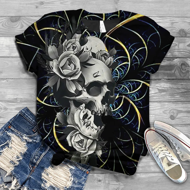 

Original Fashion Trend 2021 Spring/Summer Harajuku Large Size Small Size Lady's T-shirt Personality Skull Head Knot Printed Euro
