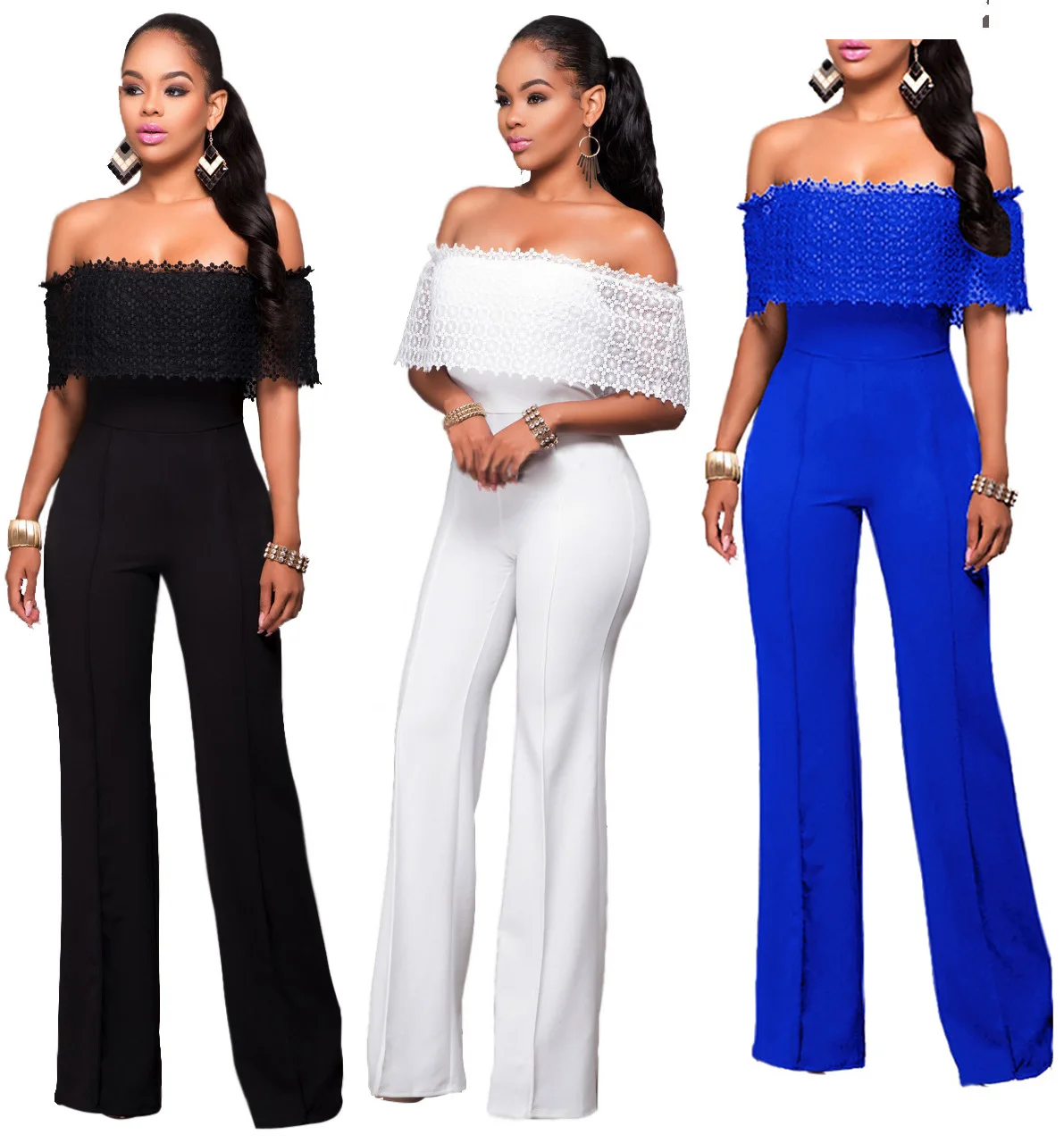 

2021 Women's New Style Side Zipper Loose Casual Sexy Jumpsuit Off-the-shoulder Lace Edge Commuter Career