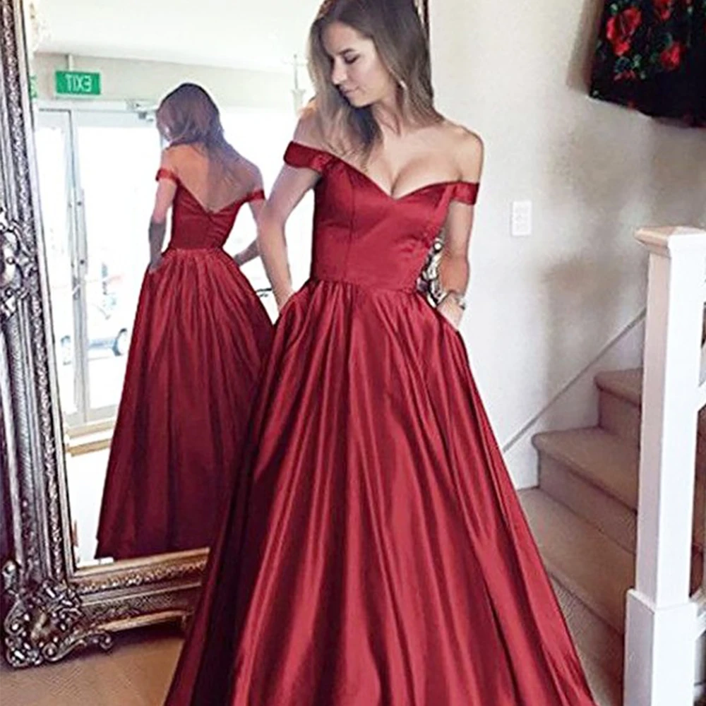 

A-Line Sweetheart Evening Dresses Long Luxury 2021 Women Off-the-Shoulder Sleeveless Floor-Length Satin Cocktail Dress Elegant