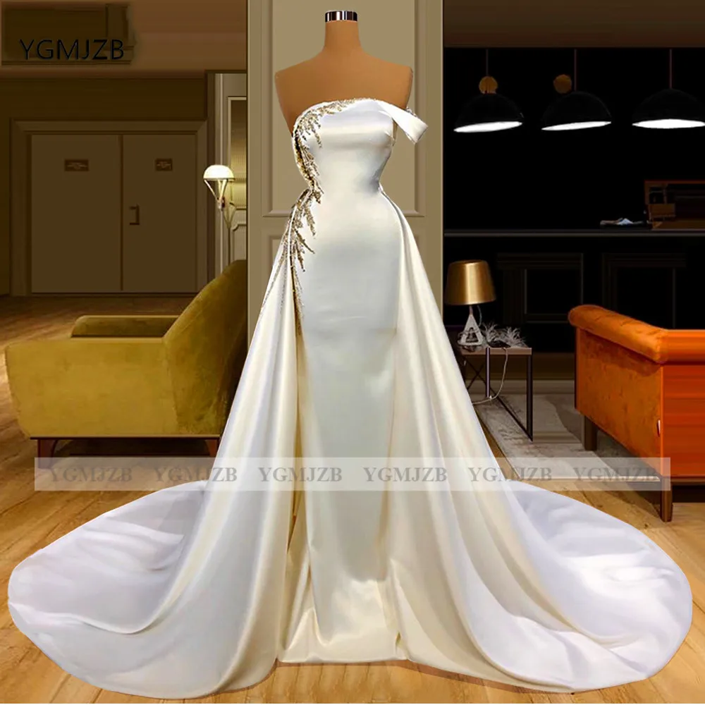 Белое арабское атласное женское вечернее платье с бисером 2020 открытыми плечами