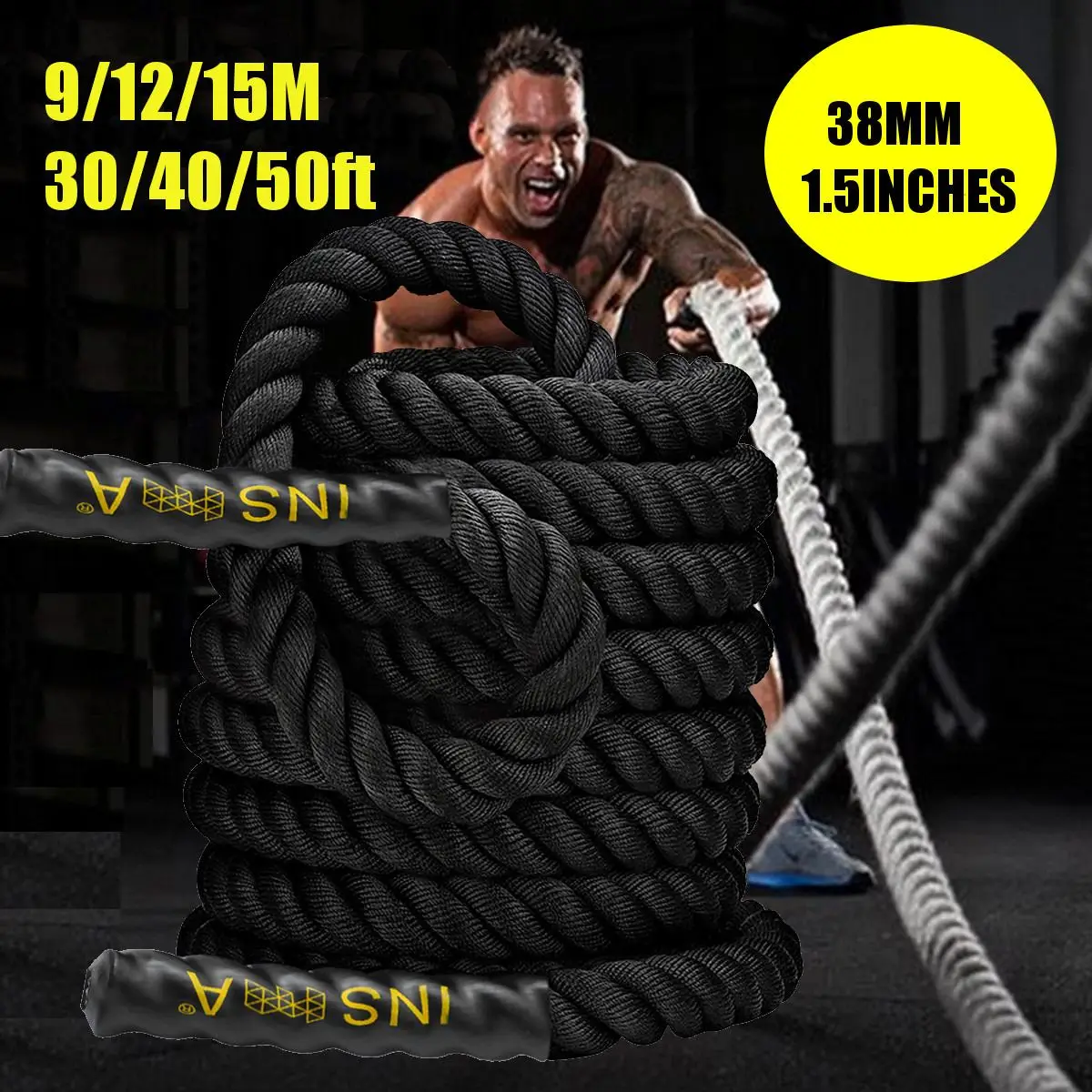 38mmx9m 12m 15m 1.5in Battle Power Rope Strength Muscle Training Fitness Gym Full Body Workout Men Women Power Training Strength