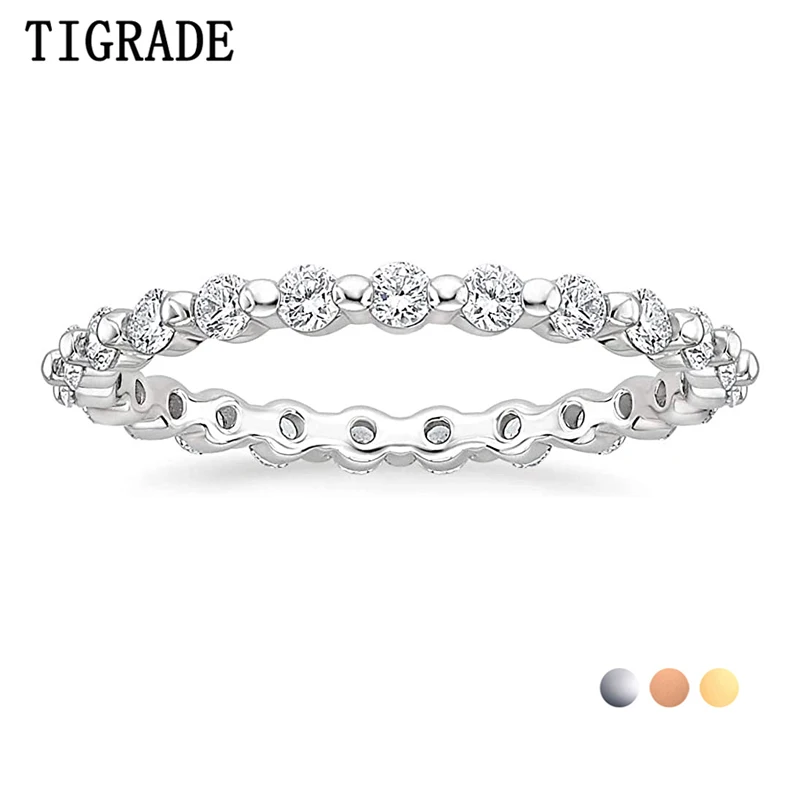 TIGRADE 2mm 925 Sterling Silver Wedding Band for Women Cubic Zirconia Full Eternity Stackable Engagement Ring Size 3-12