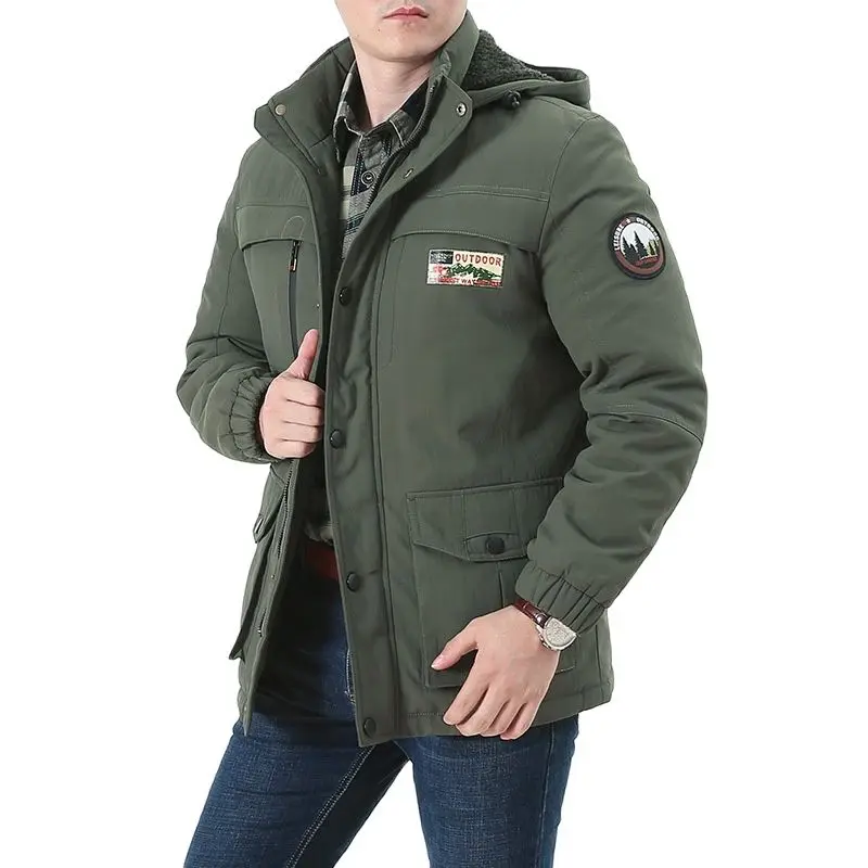 

Зимняя мужская куртка плюс Вельветовая Повседневная куртка с капюшоном для среднего возраста с хлопковой подкладкой теплые утепленные пар...