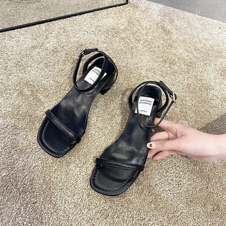 

Button sandals women 2021 summer new fashion medium thick heel versatile net RED FAIRY DRESS high heels