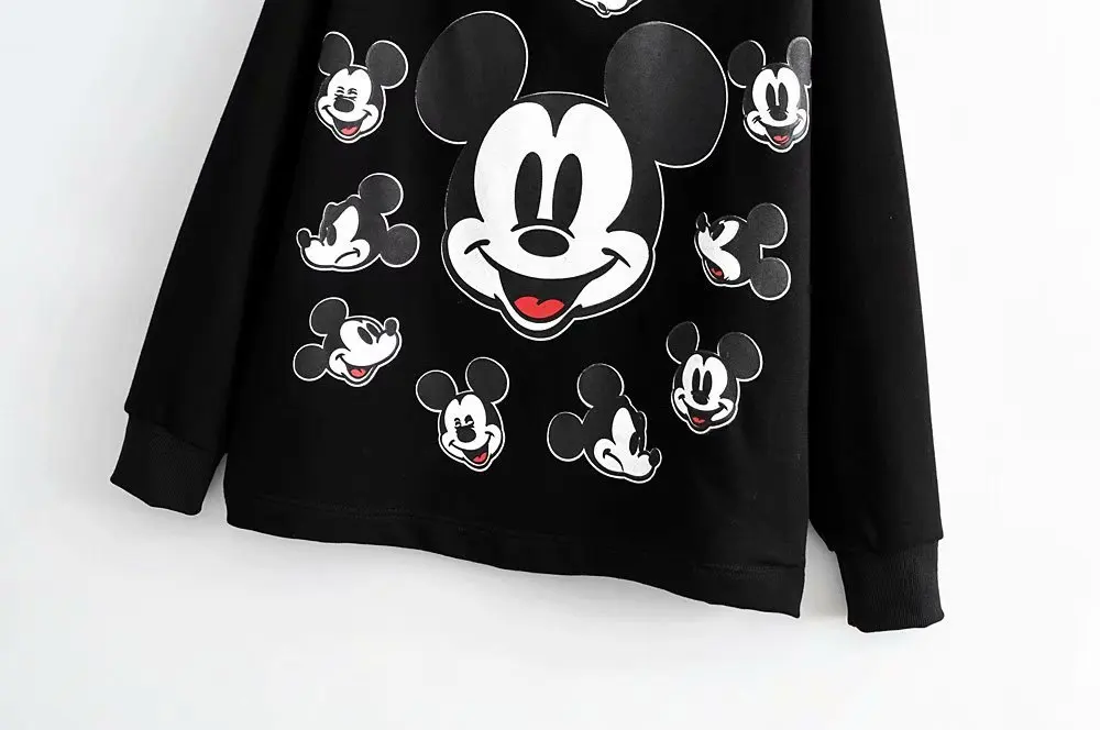 Disney Стильная черная футболка с принтом Микки Мауса, пуловер с капюшоном, модный Женский Повседневный Свободный Топ с длинным рукавом в стиле Харадзюку