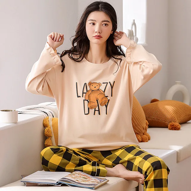 

Elegant Blue Leaf Print Home Wear Lounge Set Cotton O-neck Pajamas Autumn Woman Kawaii Home Clothes For Girls Soft Loose Pyjamas