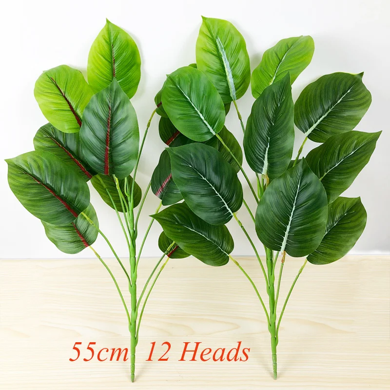 

55cm 12 Heads Tropical Monstera Artificial Plants Real Touch Plastic Tree Leaves Fake Green Palm Foliage For Office Home Decor