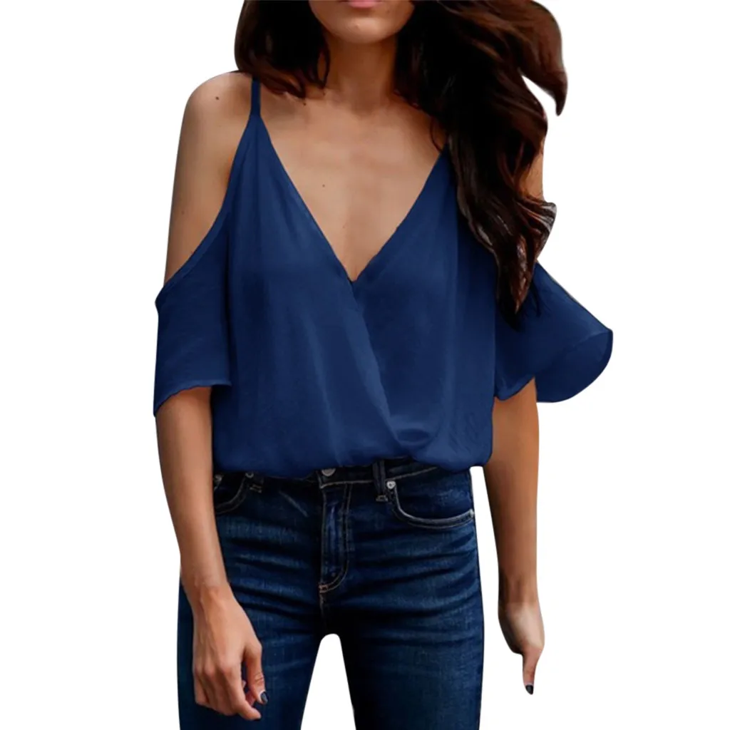 Женская блузка с открытыми плечами рукав рюшами v образный вырез коротким