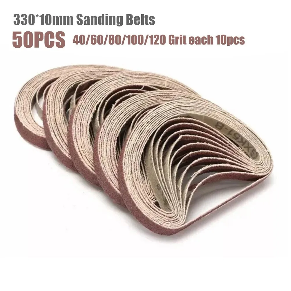 50pcs/set Sanding Belts Abrasive Bands 330x10mm Fit Air Powered Powerfile 40/60/80/100/120 Grit Sander Abrasive Tools