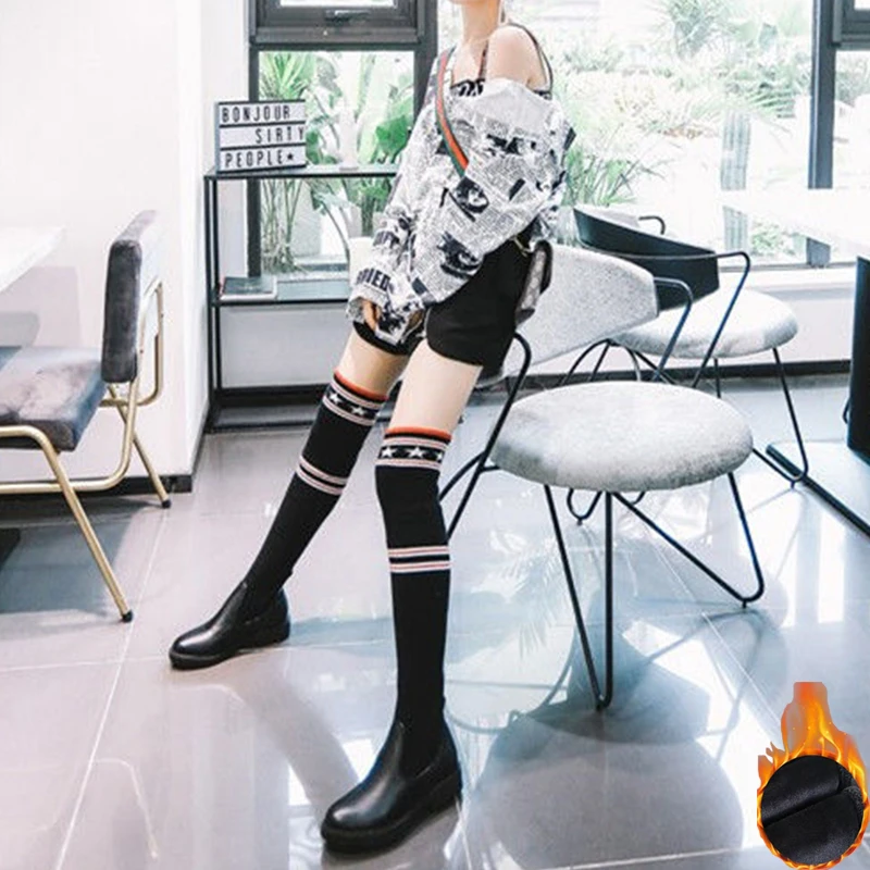 

Новинка, зимние плюшевые женские сапоги, сапоги в крупную полоску со звездами, эластичные сапоги, женские теплые, модные и повседневные зимн...