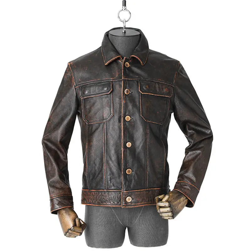 

Cowhide Leather Men 's Retro Distressed Slim Fit Solid Color Polo Collar Single-Breasted Long Sleeve Coat