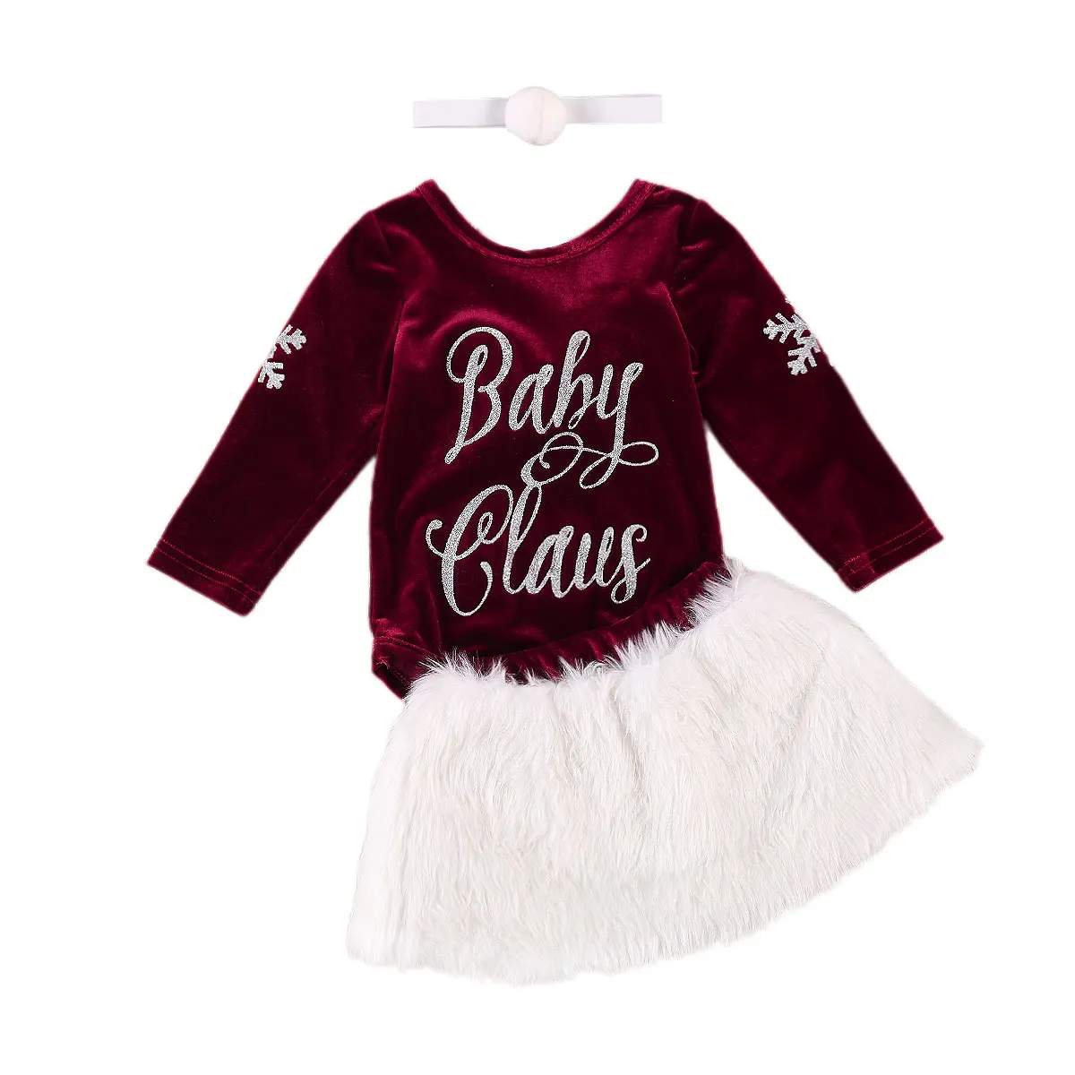 

2020 Infant Baby Girls Clothing Set Long Sleeve Snowflake Print Top + Plush Short Skirt + Headband Fall Christmas Clothes 0-24M