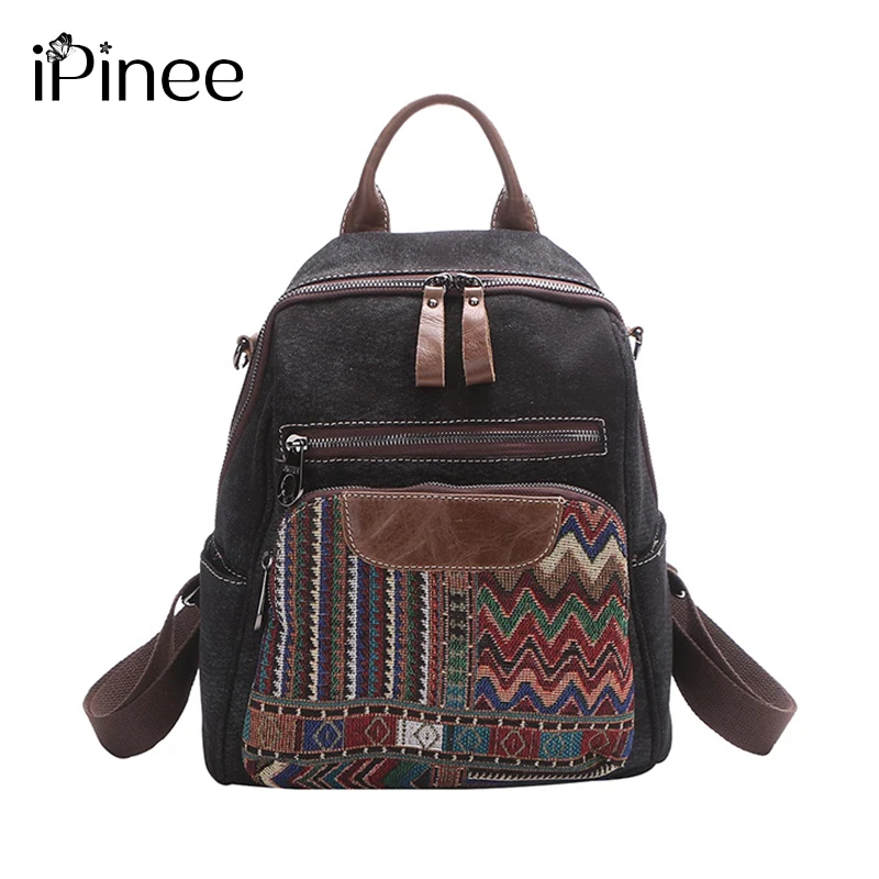 

iPinee Women Multifunction Vintage Backpacks National Pattern Denim Messenger Shoulder Bag 2021New Ladies Travel Bagpack
