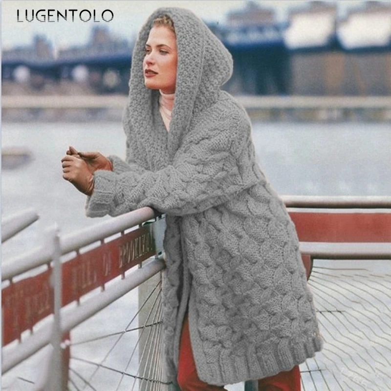 

Women Hooded Cardigan Sweater Autumn Winter Loose Solid Female Casual Street Simple Knitted Sweaters