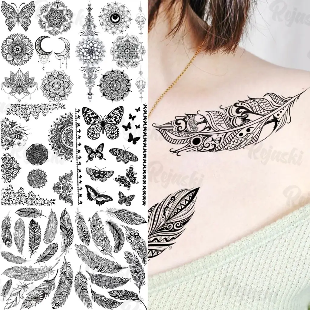 

Black Feather Temporary Tattoos For Women Adults Realistic Mandala Butterfly Lace Fake Tattoo Sticker Sexy Body Neck Tatoos