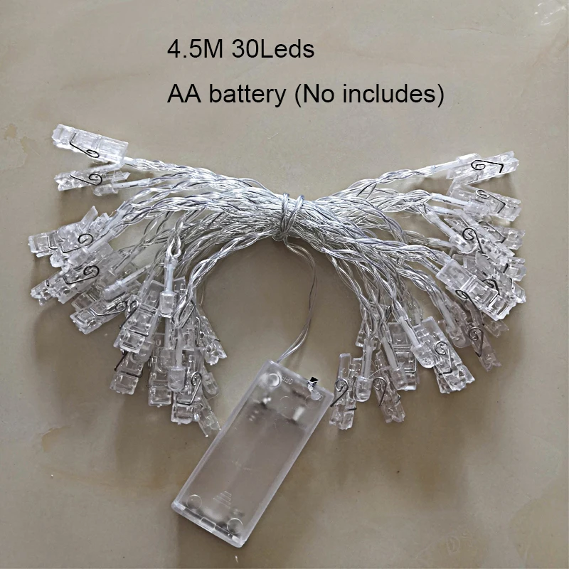 4.5M 30Leds Светодиодный светильник-Гирлянда для рождественской вечеринки, украшение дома, 1,5 м, 3 м, 4,5 м, зажим для фотографий, держатель Gardland, питание от батареи, день рождения, сказочные огни - Испускаемый цвет: 4.5M 30Leds
