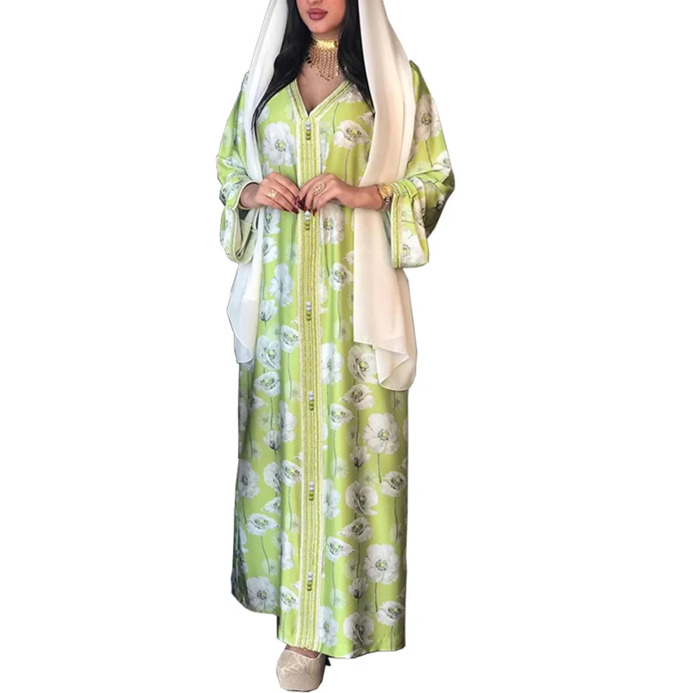 

Fancy Summer Green Floral Abaya Turbans For Women Hijab Scarf Muslim 2 Piece Set Veiled Female Arabic Kaftan Dubai Robe Dress