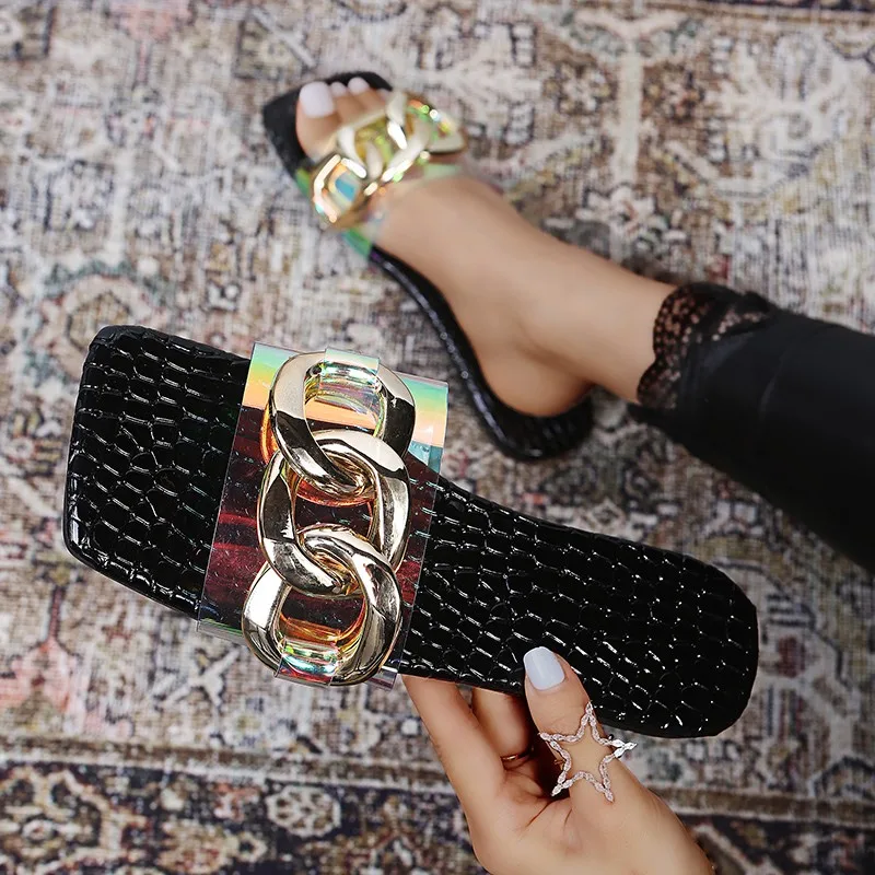

Women PVC Transparent Laser Metal Chain Summer Slipper High Quality Fashion Beach Flat Flip Flop Stylish Lady Walking Slides 43