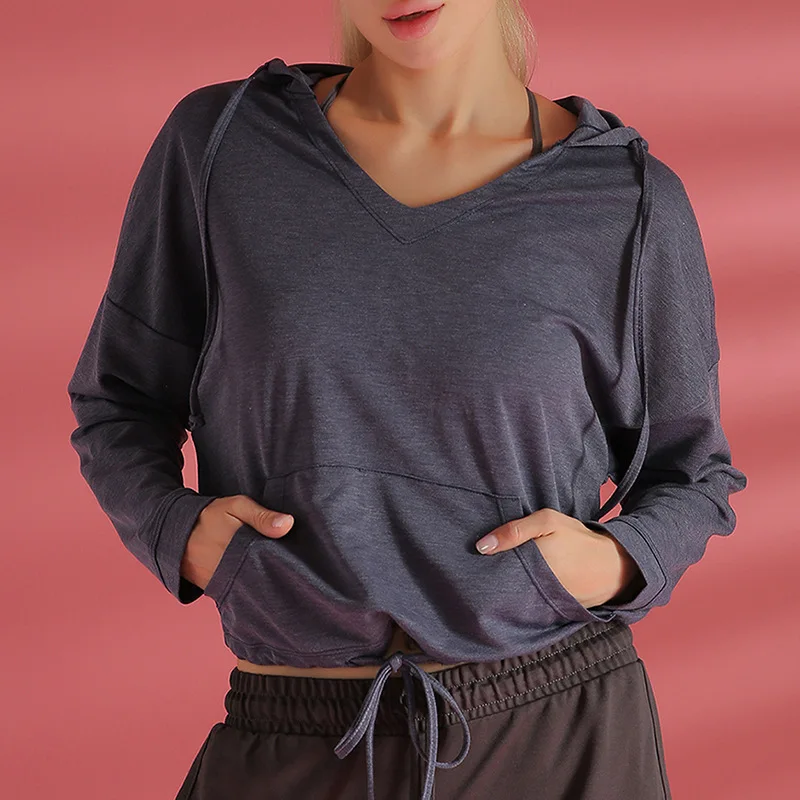 

Весенне-осенняя одежда для йоги, Женский пуловер с длинным рукавом, толстовка с капюшоном, топы с карманами, Женская эластичная толстовка, с...