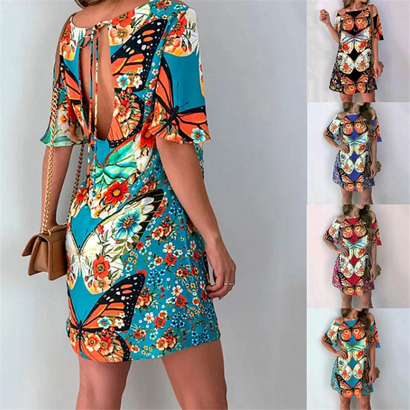 

Dashiki African Short Sleeve Bandage Hollow Out Strapless Summer New Style Butterfly Printing Dress Women Mini Skirts Fashion