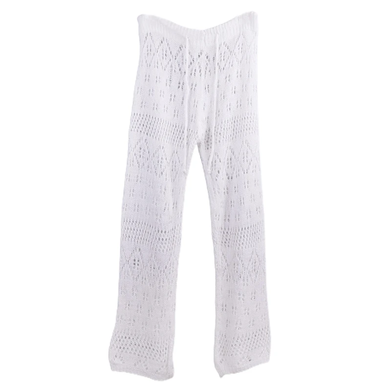 

Women Summer Hollow Out See-Through Mesh Pants Beach Swimsuit Cover Up Crochet Drawstring High Waist Wide Leg Trousers LXAE