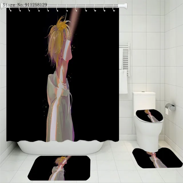 4 Pieces Banana Fish Shower Curtains Sets Japan Anime Carpet Pedestal Rug Lid Toilet Cover Bath Mat Home Textile Bathroom Set