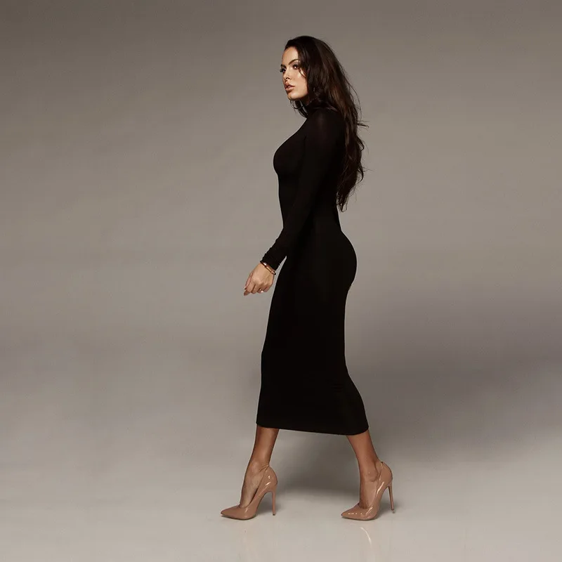 Женское облегающее платье-миди с длинным рукавом и высоким воротником | Женская