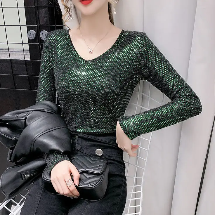 

Summer fashion V-neck Sequin slim short sleeve T-shirt