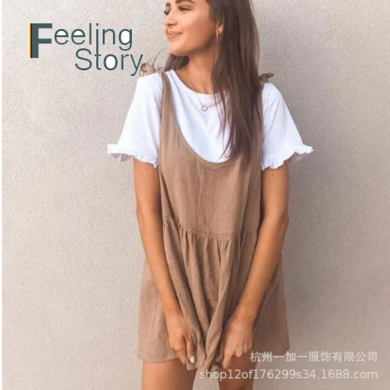 Платье женское с круглым вырезом льняное мини-платье из хлопка и льна милое