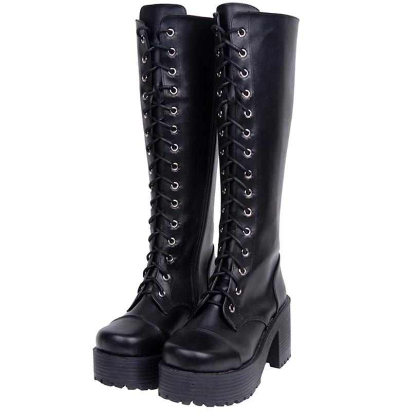 8CM HEEL-BLACK N2 Женские ботинки в японском стиле Харадзюку для костюмированной вечеринки на платформе с закрытой пяткой женские черные кожаные высокие сапоги с кружевным верхом в стиле готика панк - Цвет: 8CM HEEL-BLACK N2