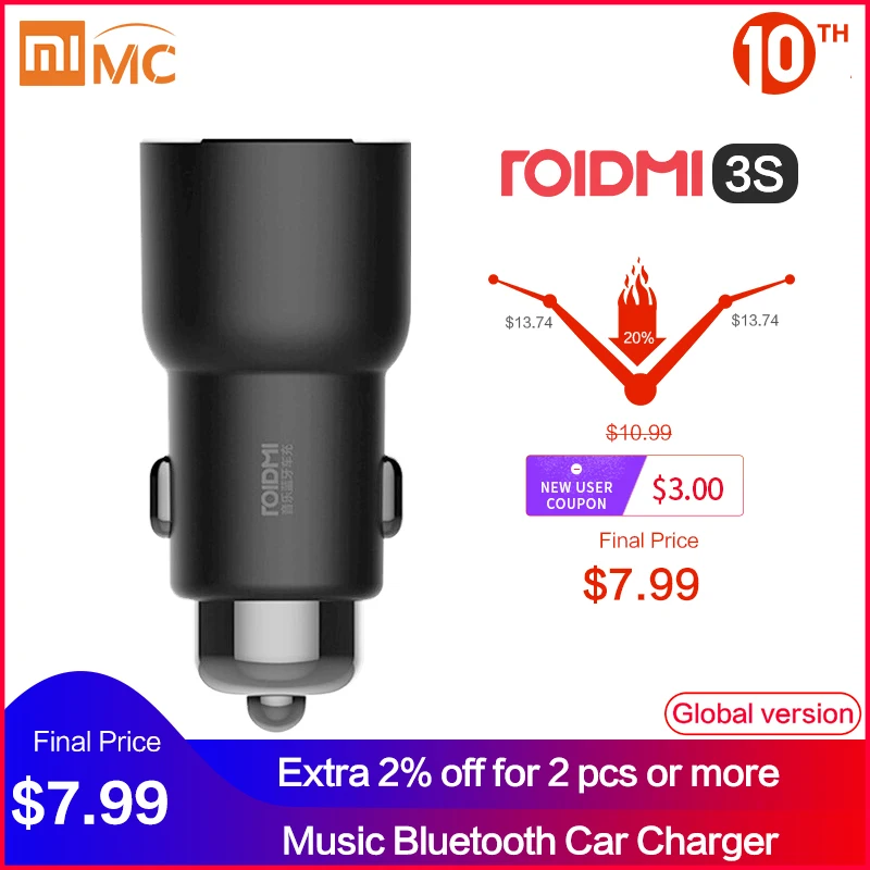 Xiaomi ROIDMI 3S Bluetooth автомобильное зарядное устройство музыкальный плеер FM умное