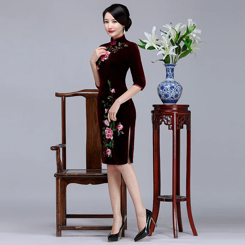 Платье Чонсам для мамы Золотое бархатное весеннее платье средней длины длинное