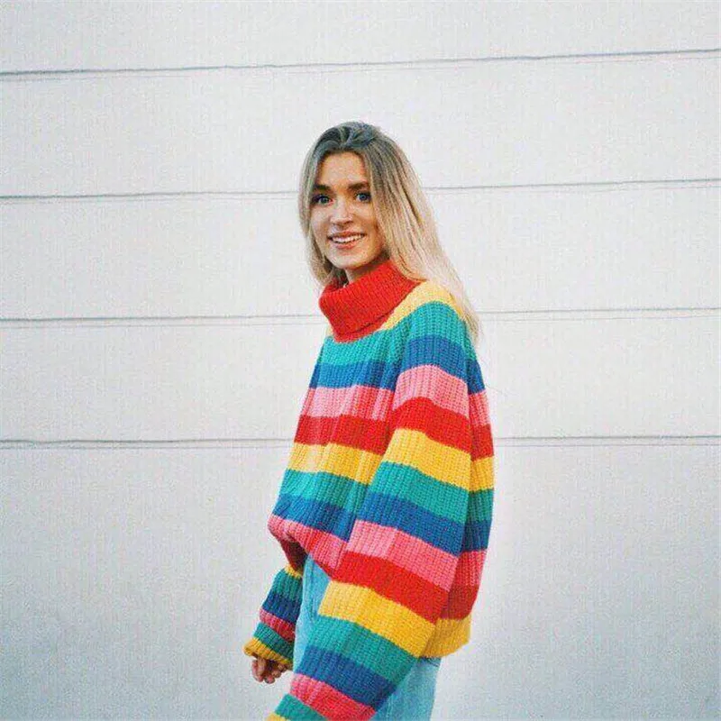 Rainbow Stripe Turtleneck Sweater Women Pullovers 2019 Autumn Winter Warm Knitted Jumpers Loose Oversized Colorful Sweaters | Женская