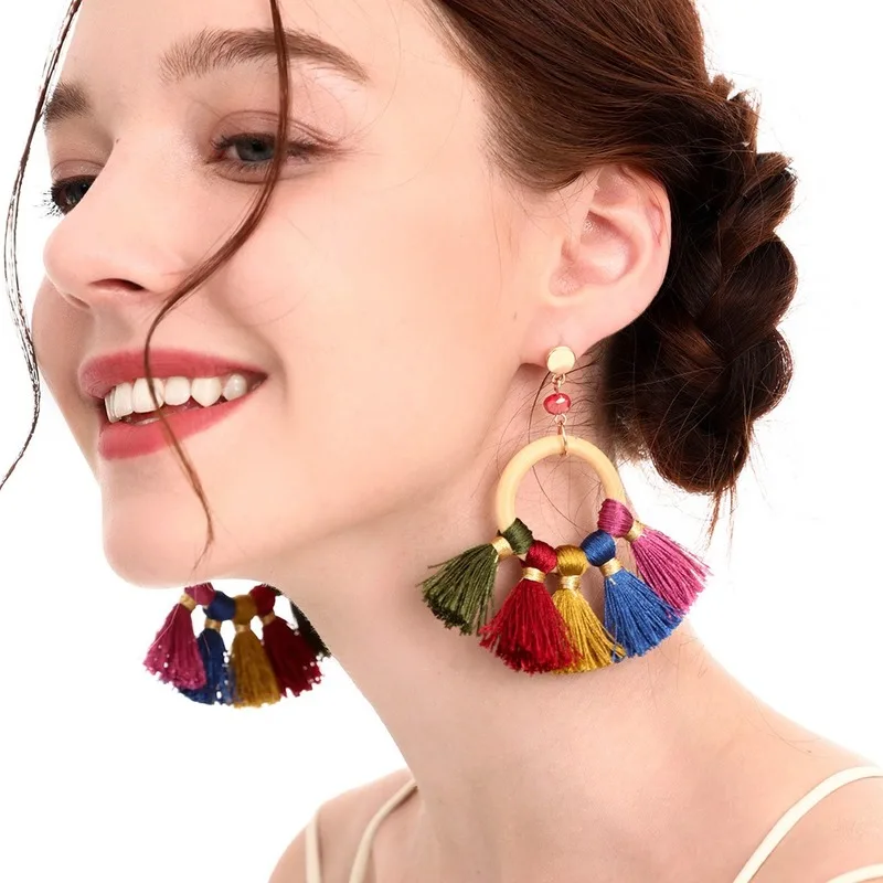 Женские серьги с кисточками в форме веера богемные большие бахромой