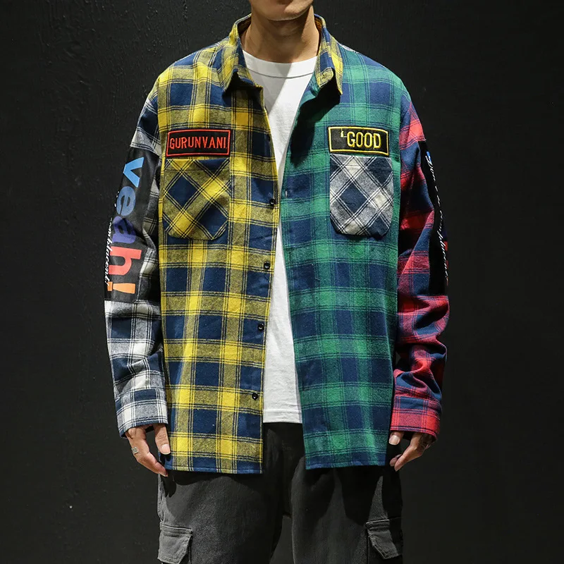 

Spring Autumn Personality Matching Plaid Shirt Men's Casual Hip Hop Loose Long-sleeved Cotton Shirts Lattice Patchwork M-5XL